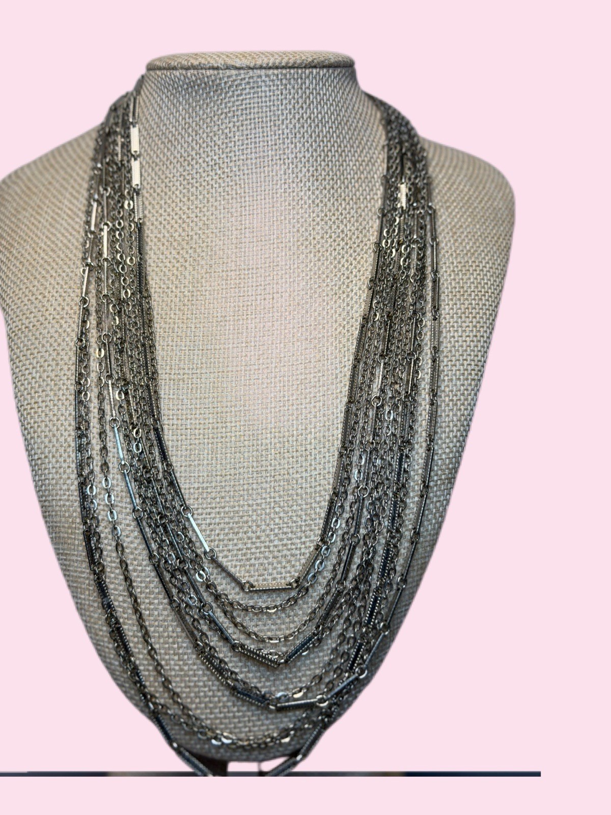 Sarah Coventry Signed Silver Tone Multi Strand Layered Bar Link Necklace