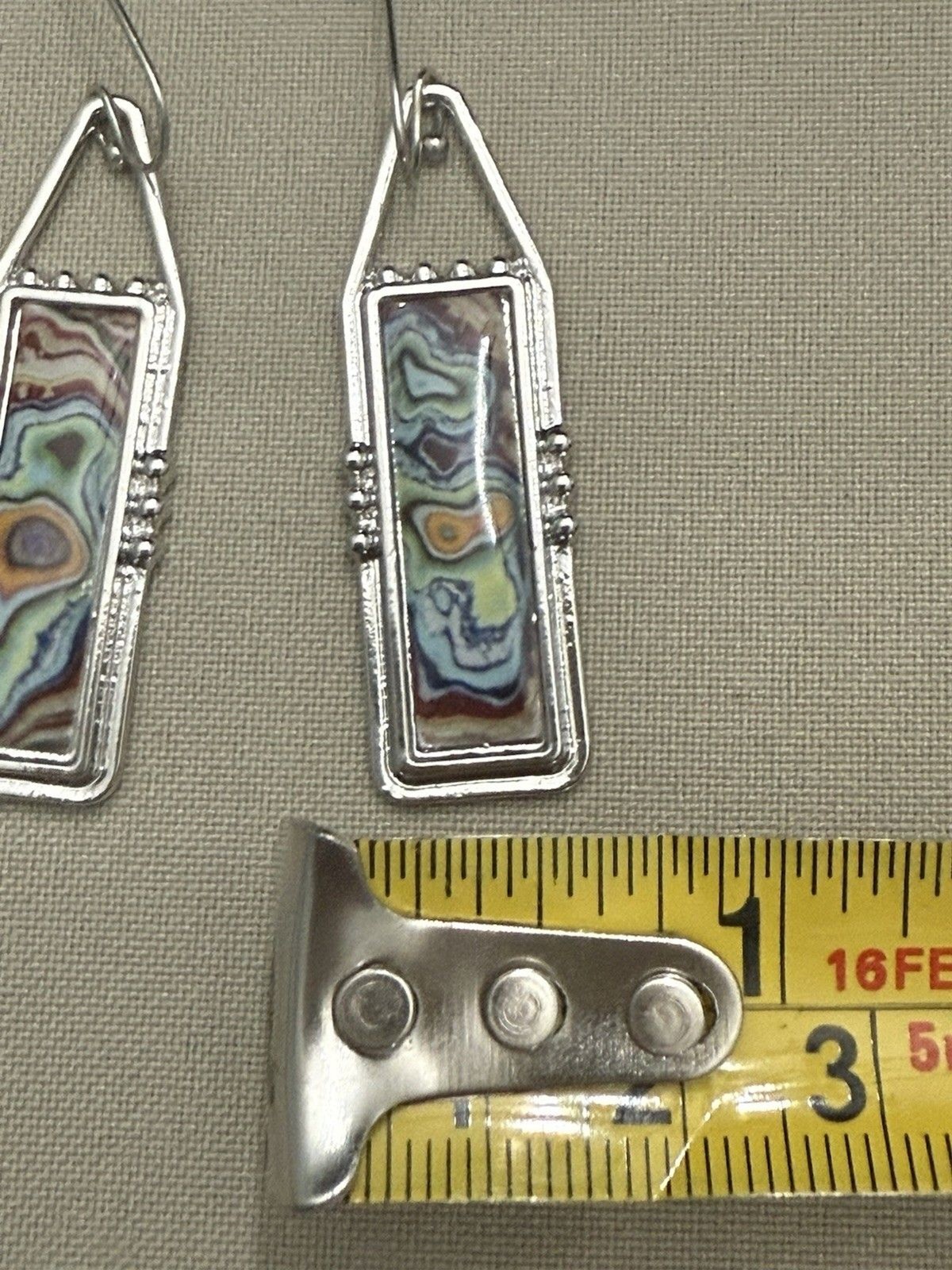 Resin/Stainless Steel Mosic Drop Earring & Pink Cow Hair W/.925 Silver Medallion