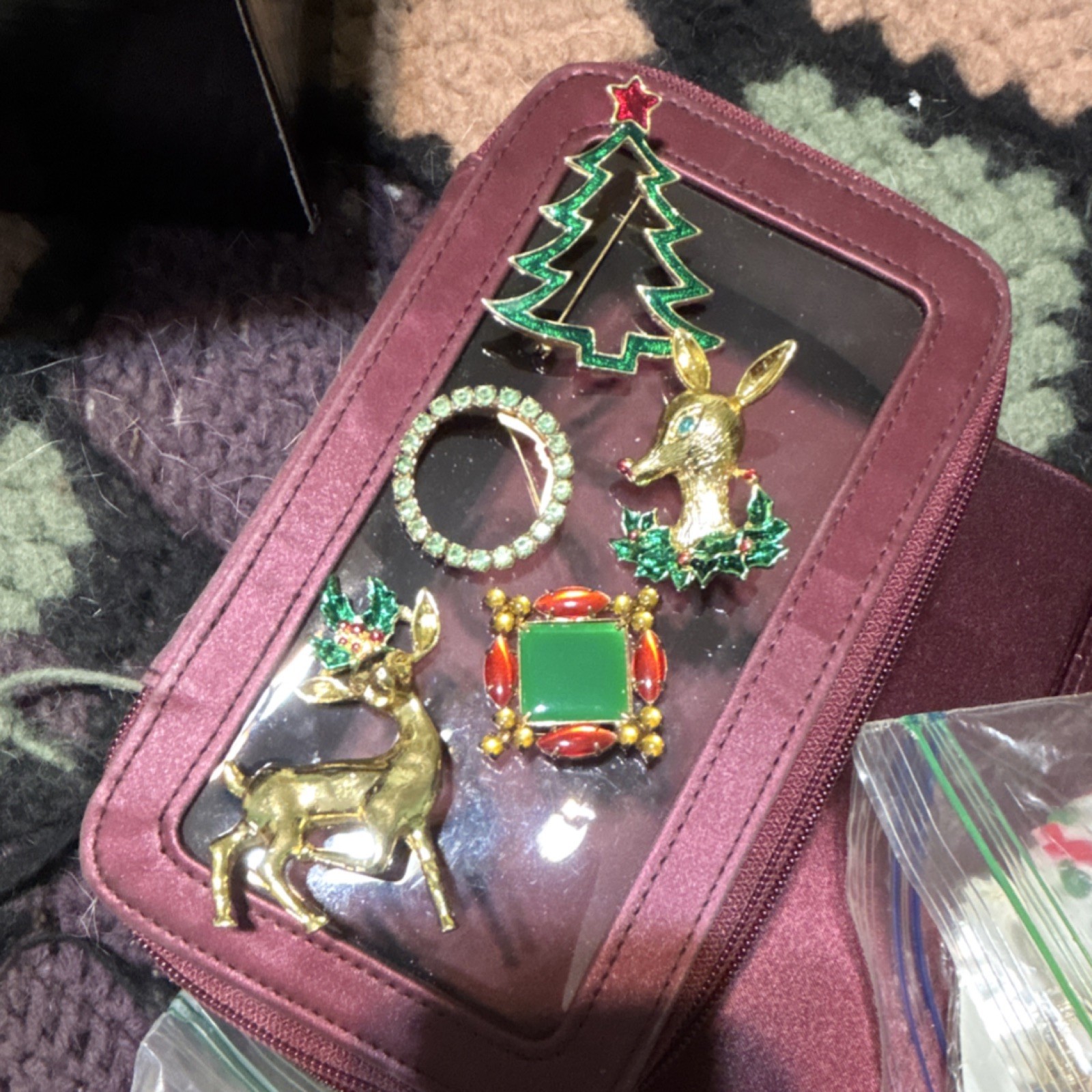 4pc Holiday Costume Brooch & Pin Mixed Lot Rhinestone Metal Tree Reindeer