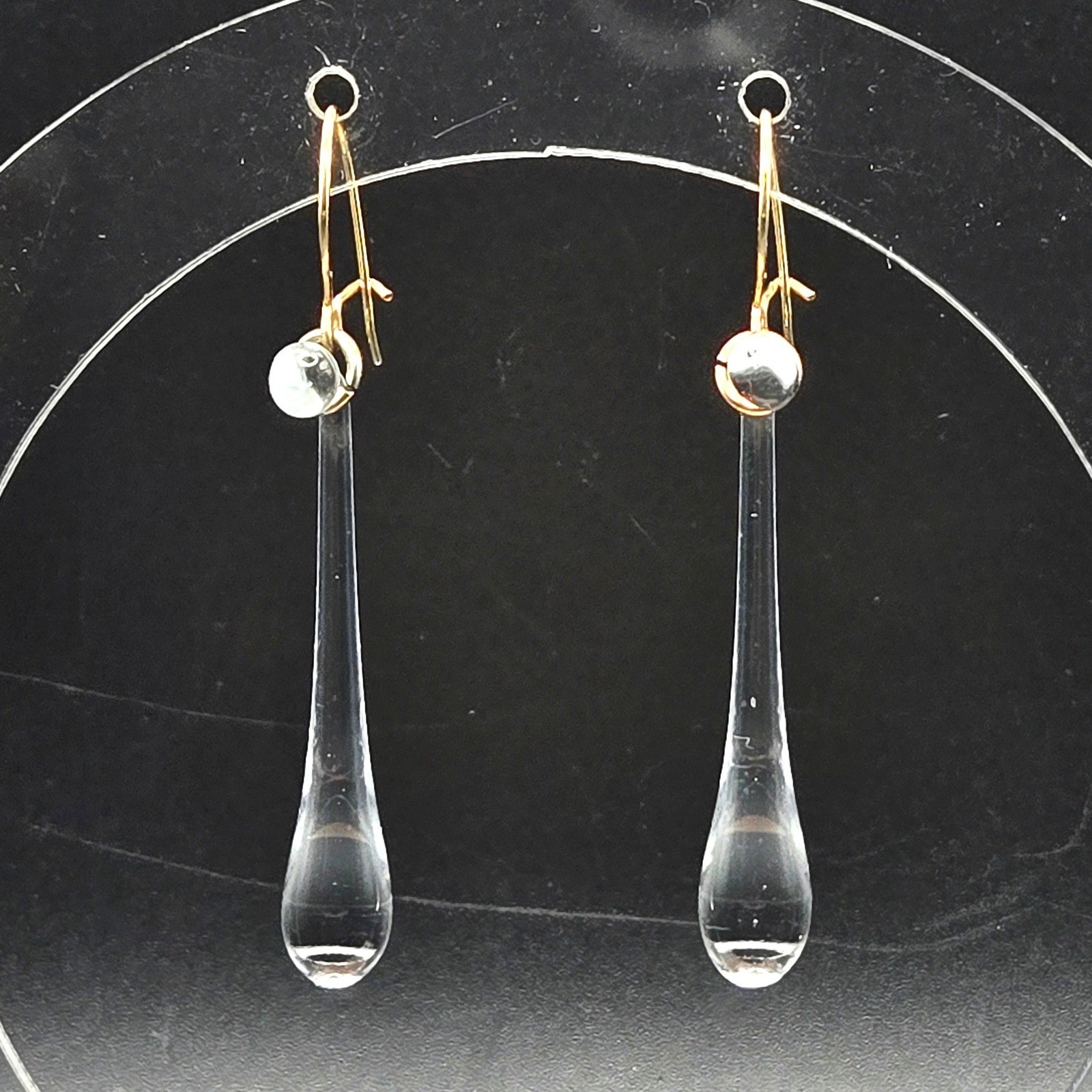 Clear Glass Teardrop Dangle Earrings Gold Tone Kidney Wire Hooks Long Drop