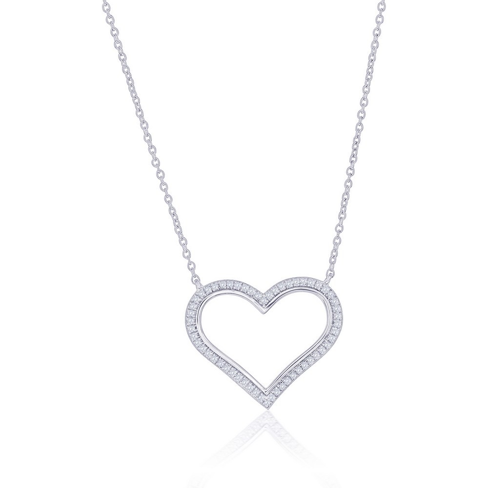 Sterling Silver Outlined Diamond Heart Necklace Rhodium Plated