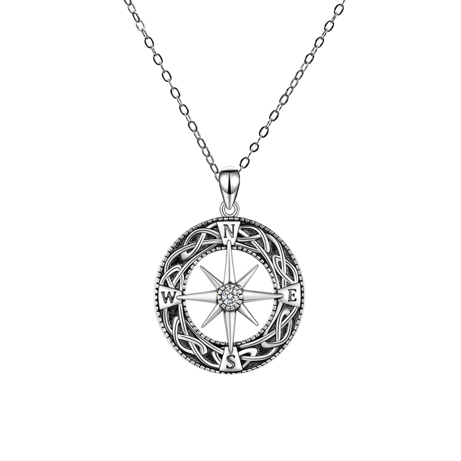 Cable Chain Necklace Pendant Compass Zircon 925 Sterling Silver Lady/Mr