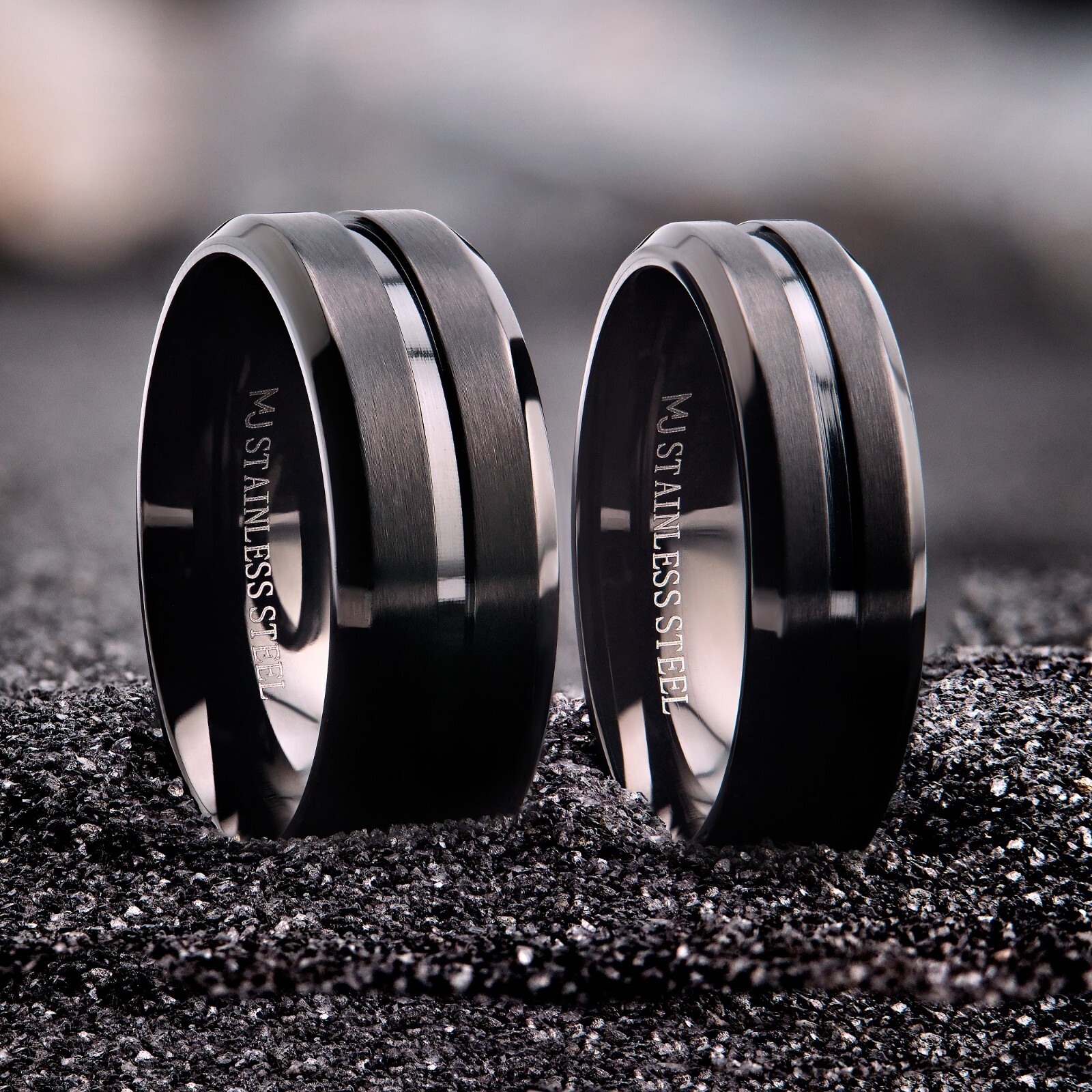 Black Plated Stainless Steel Brushed Beveled Edge or Center Groove 6 or 8mm Ring