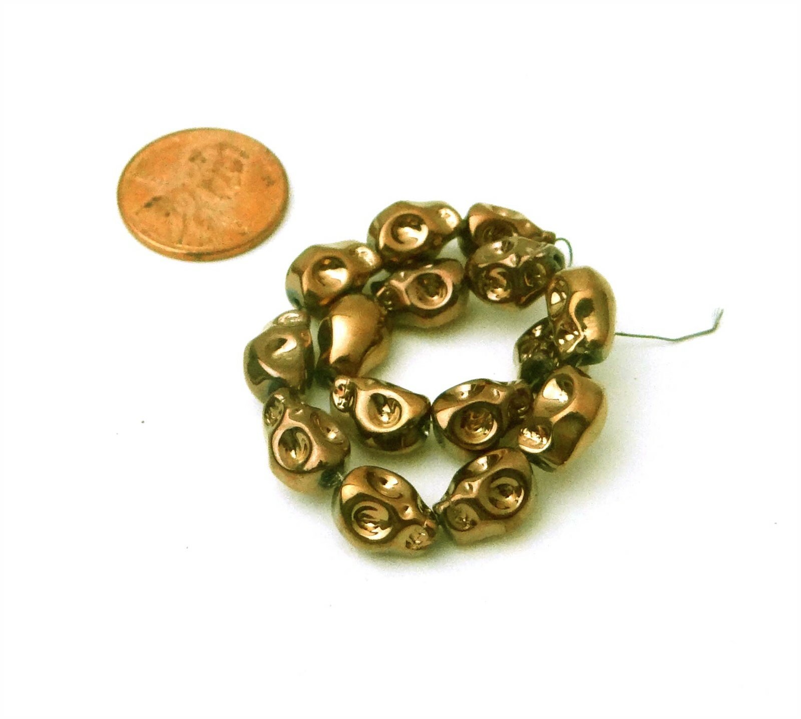 10mm Tiny Glass Metallic Coated Skull Beads Halloween 15pc Antique Gold Brownish