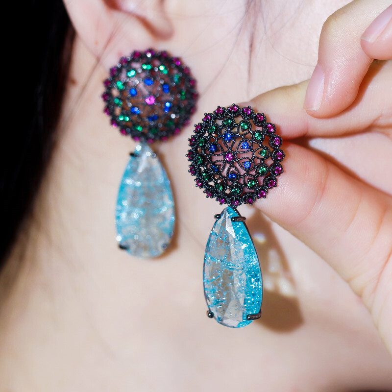 Ethnic Black Gold Plated Long Big Blue Water Drop Zircon Crystal Dangle Earrings
