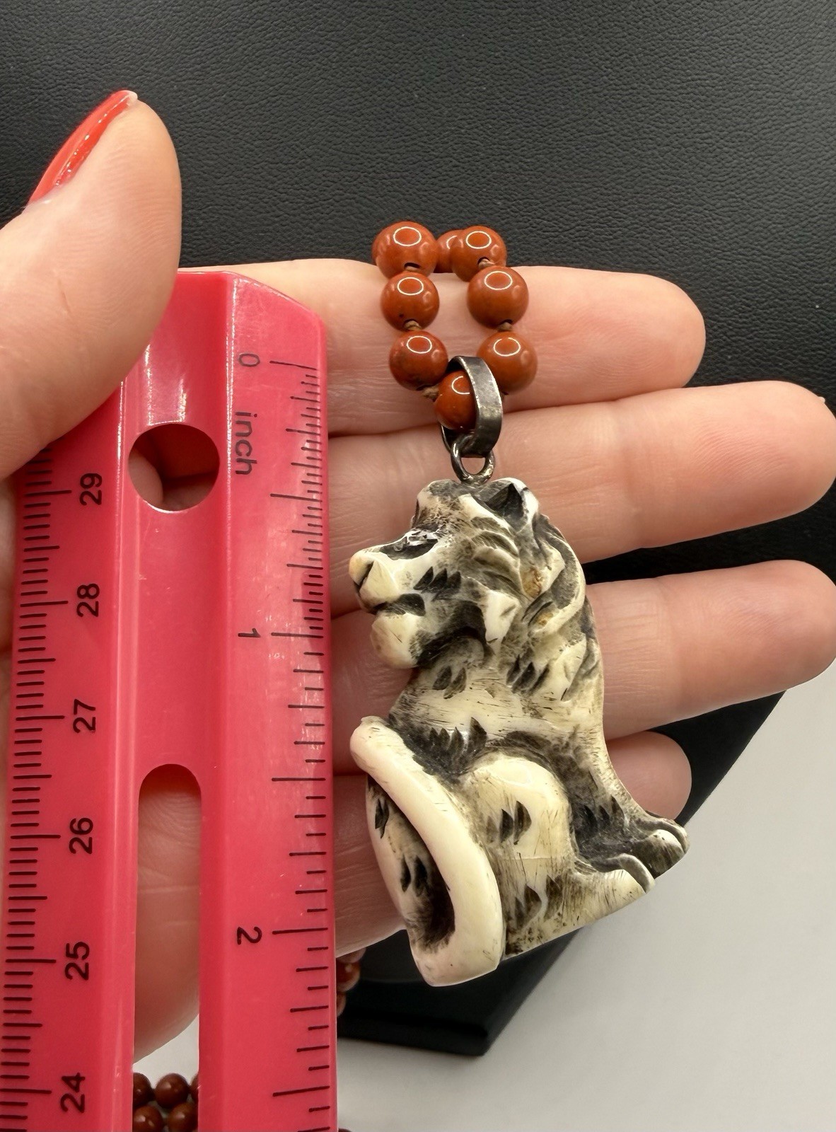 JKa Signed Jasper Necklace With Carved Tiger Netsuke Pendant Vintage Sterling