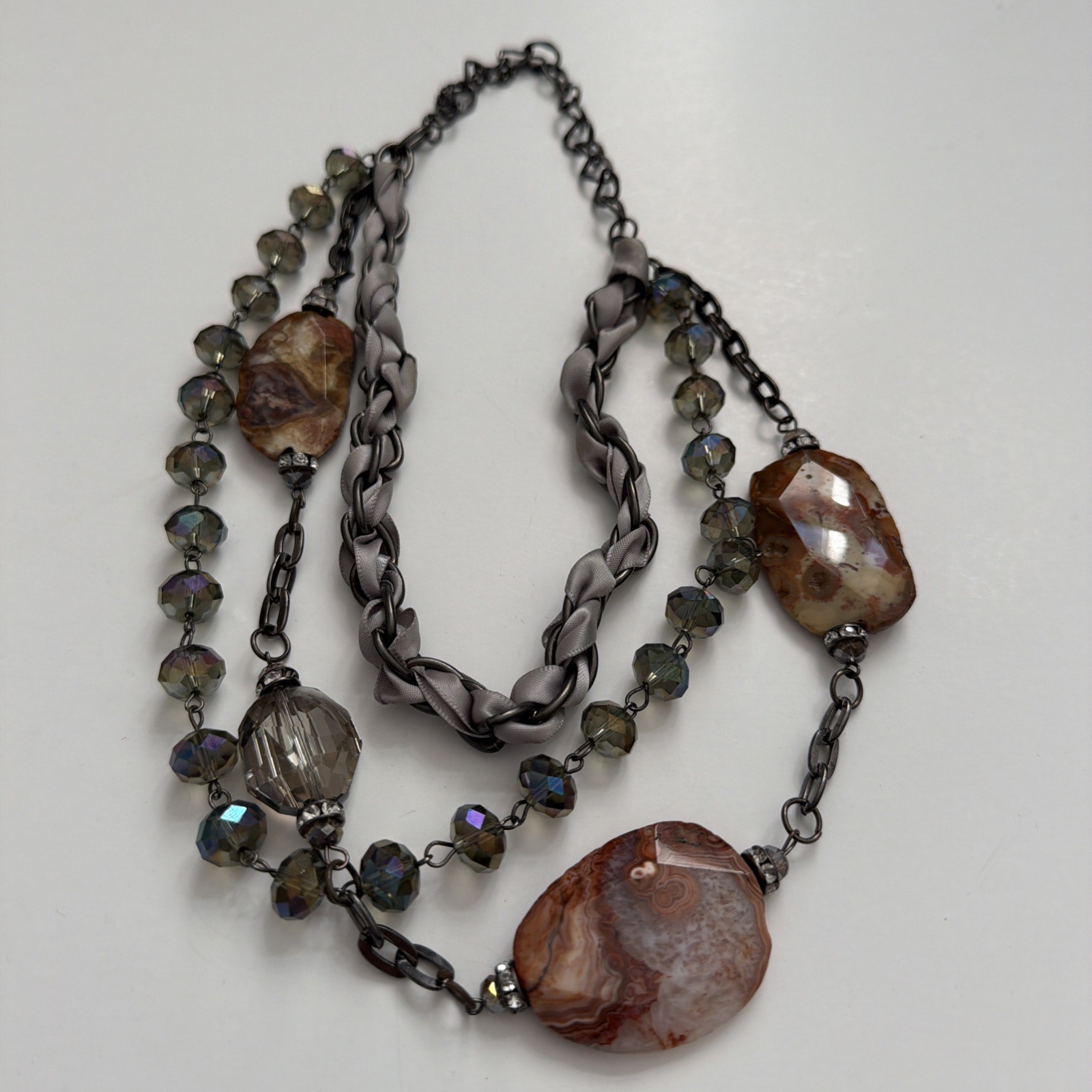 Vintage Cookie Lee Multi Strand Statement Necklace Agate Crystal Gunmetal Gray
