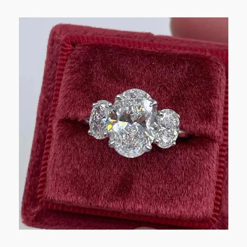 5.50Ct Oval-Cut EF/VS1 Lab Grown Diamond Three Stone Wedding Ring 14k White Gold