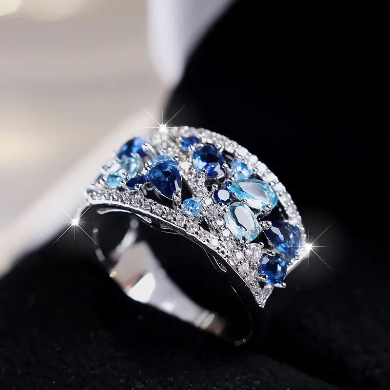 Elegant 925 Sterling Silver Blue White Topaz Wedding Engagement Ring Size 9