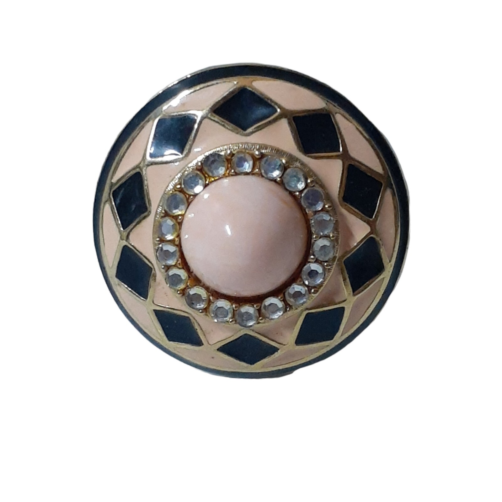 Vtg Brooch Pink Enameled Round Hat Brim Rhinestone Brown Diamond Shape Pattern