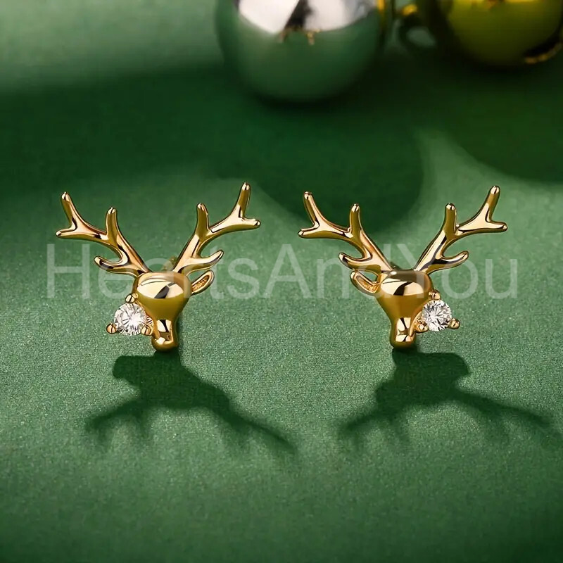 1ct Round Cut Moissanite Stag Reindeer Stud Earrings 14K Yellow Gold Plated