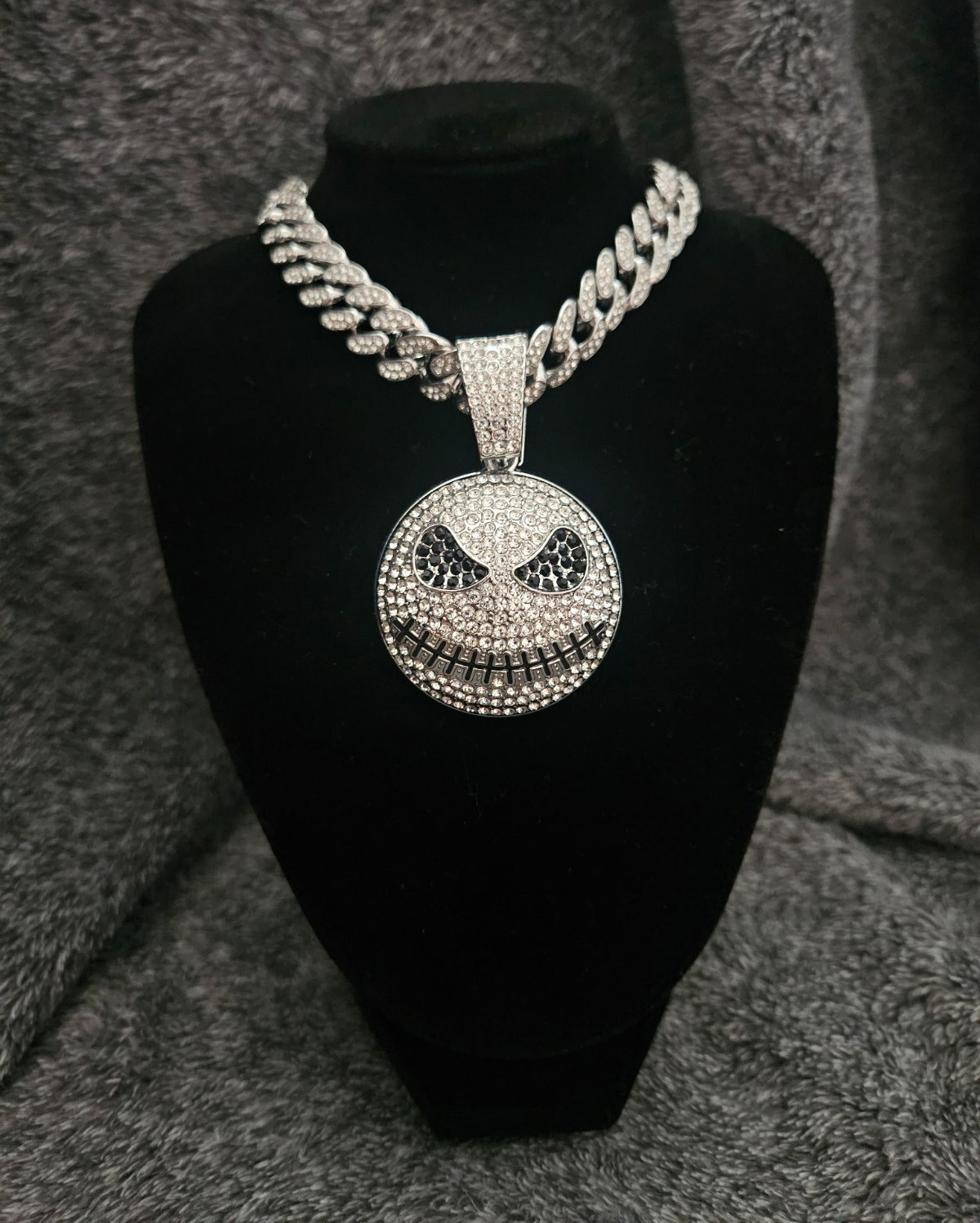 Silver Tone Cuban Link Chain Necklace w/ Pavé Rhinestone Round Charm Pendant