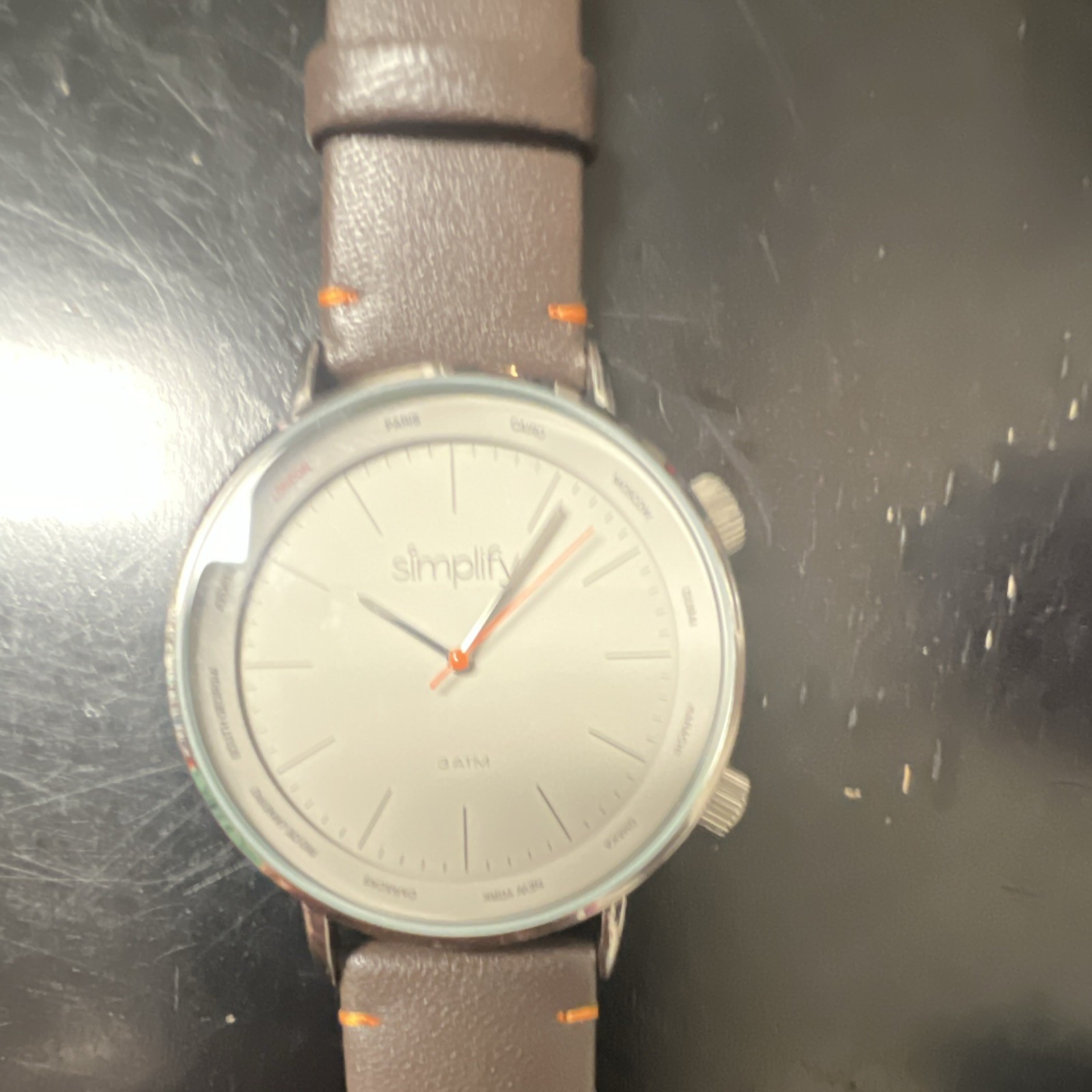 Simplify Analog Quartz Beige Dial Brown Leather Strap Steel Silver Case 30m