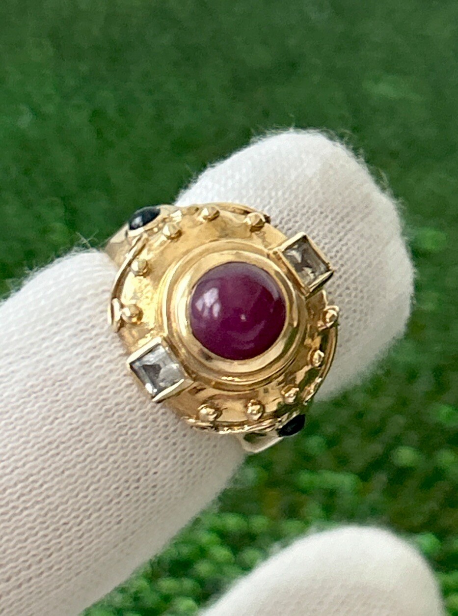 Vtg.10K Solid Yellow Gold Ruby White & Blue Sapphire Ring 7.83g.Heavy – Sz:6.5