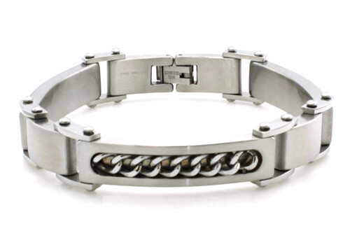 Stainless Steel Curb Chain Inlay Contemporary Mens Biker Style Bracelet 8.5″