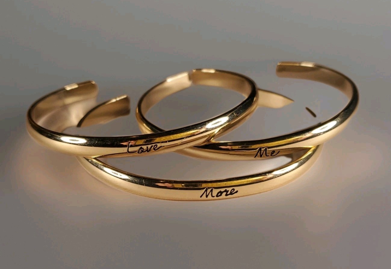Cuff Bangle Bracelet Gold Tone Love Me More Set Engraved Stackable Minimalist.