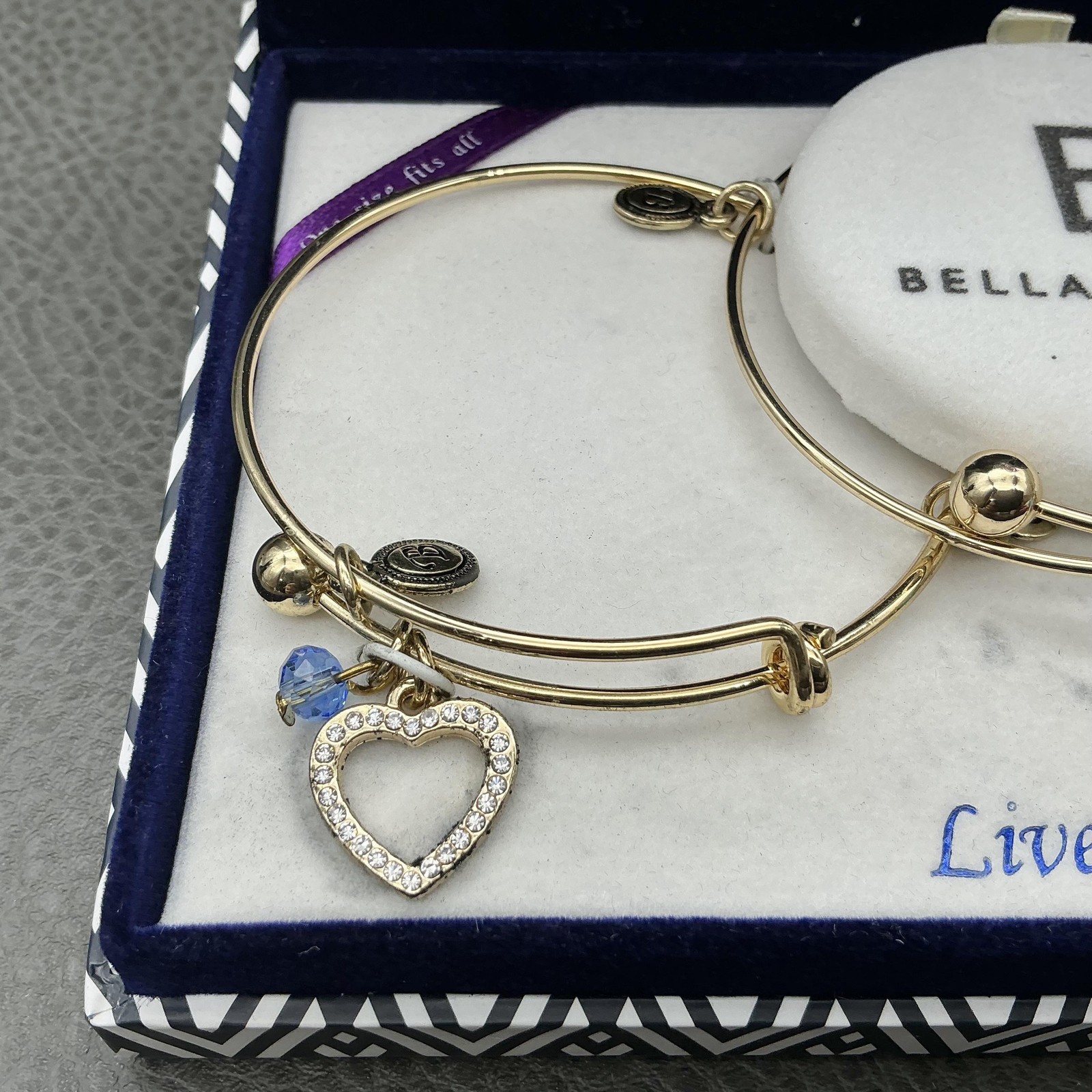 Bella Perlina Bracelet Set Gold Tone Blue Glass Charm Live Love Laugh Womens
