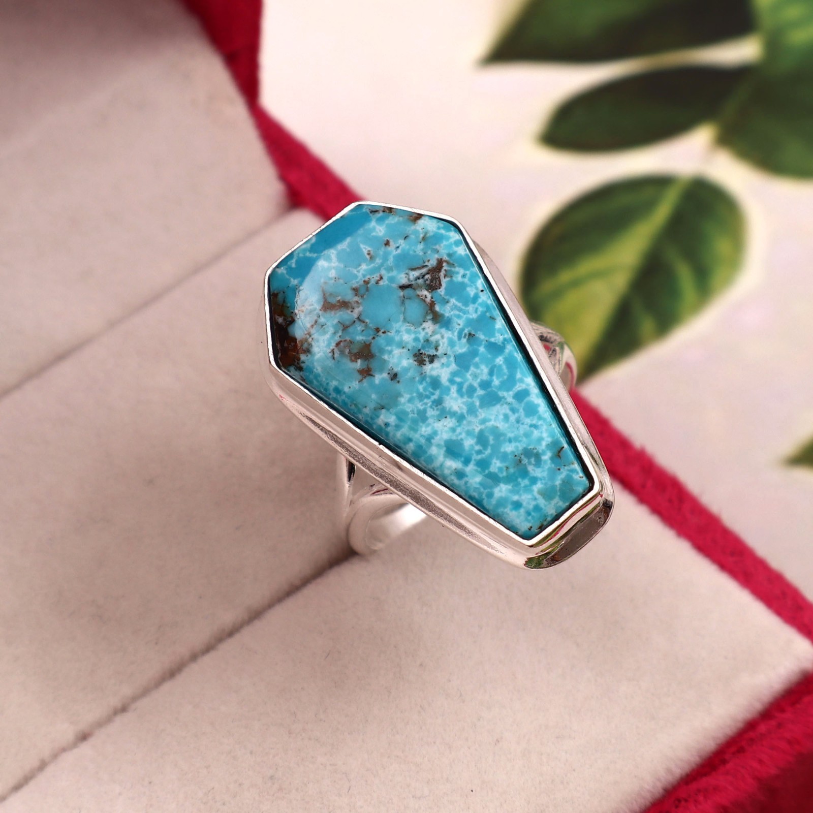 Natural Turquoise Coffin Ring, 925 Sterling Silver Statement Ring