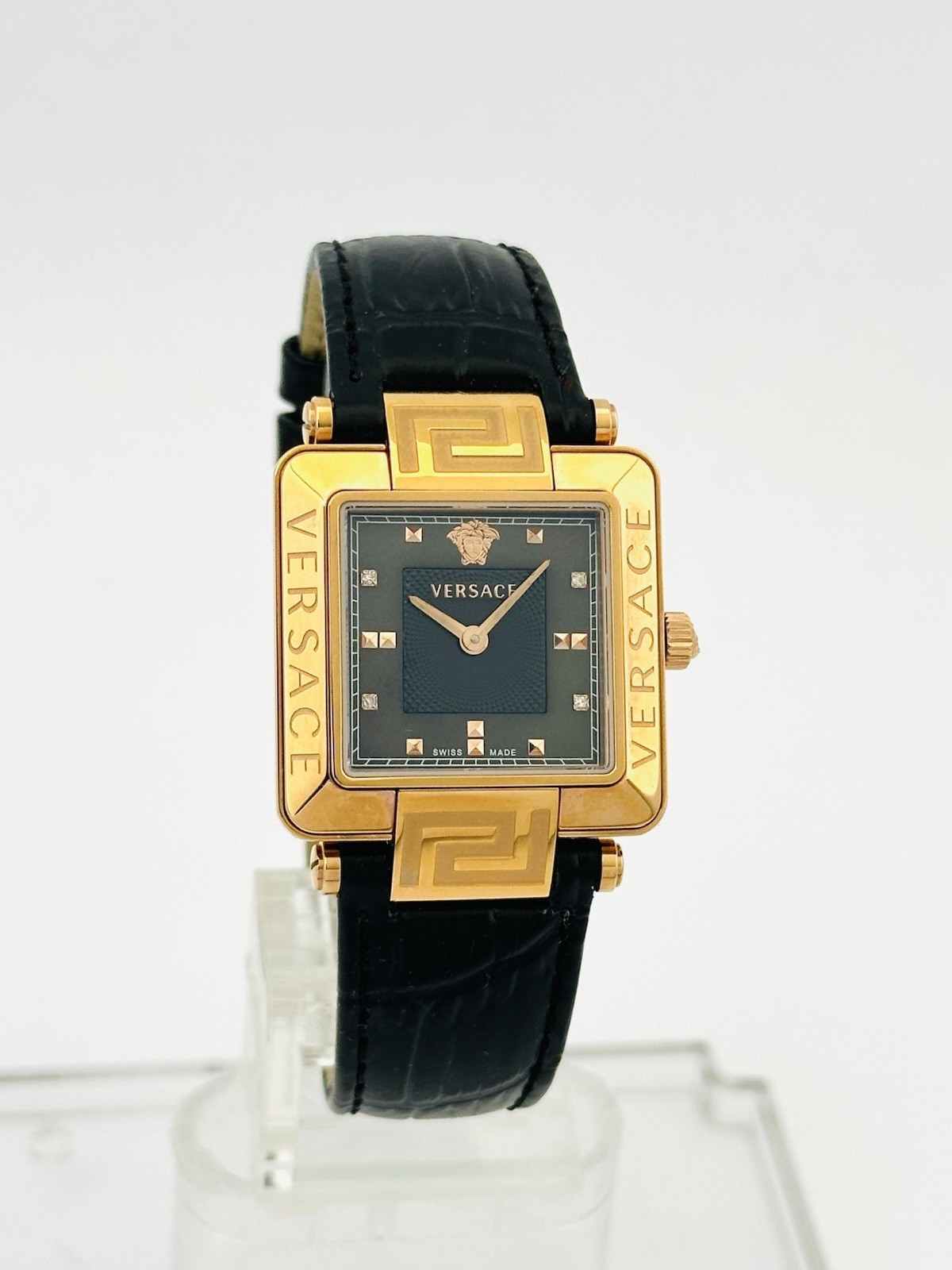 Versace Women’s 88Q80SD008S009 Rêve Carré Diamonds Black Leather Strap Watch 88Q