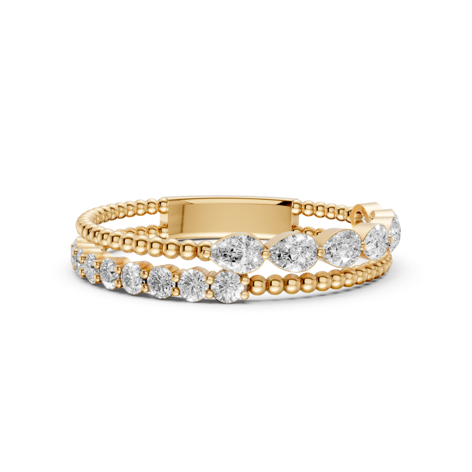 Pear & Round Cut Lab Grown Diamond Beaded Gold Eternity Stackable Band