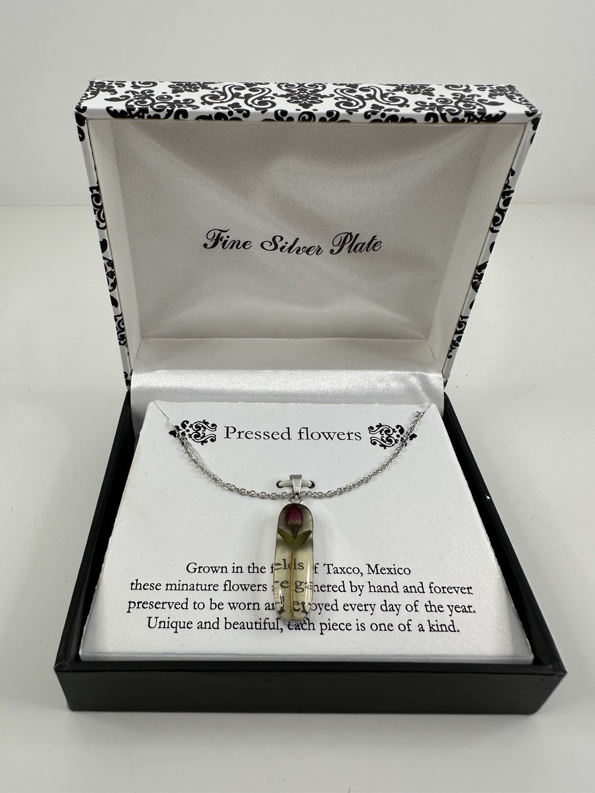 ATI Pressed Flower Necklace Silver Plated Pendant Mexico BBP2359 NEW w/ Package