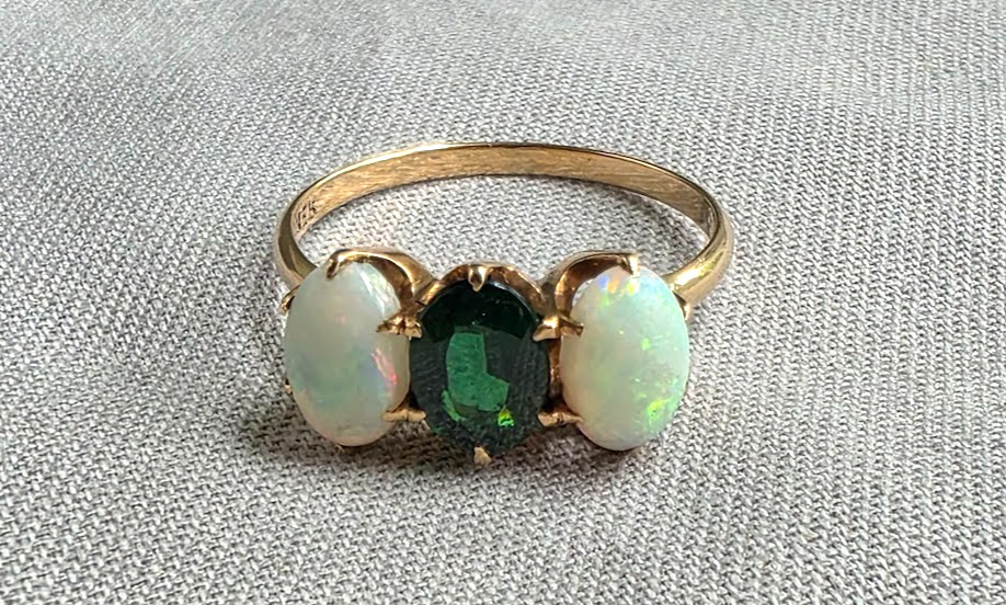 Antique Trilogy Ring Vibrant Opals and Deep Green Center Stone 10k Gold Superb!