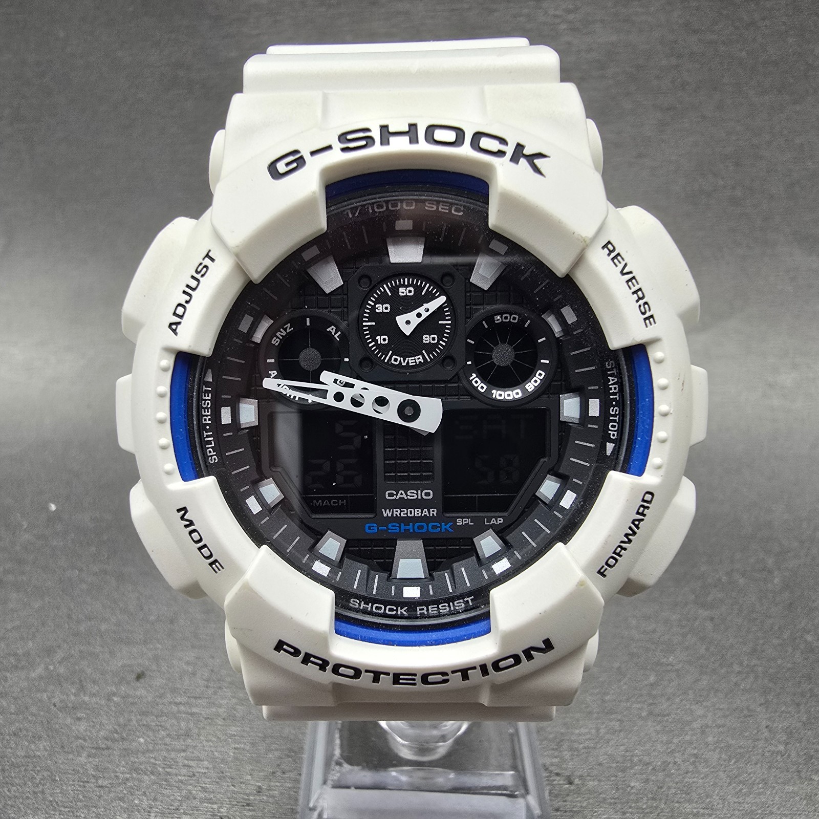 Casio G-Shock GA-100B Watch Men 51mm White Blue Alarm Chronograph New Battery