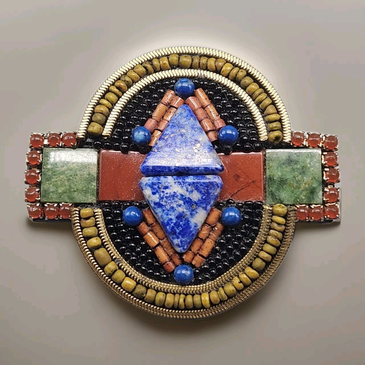 Vtg Brooch High End Rare Tribal Runway M&J Hansen Lapis Beaded Geometric Large