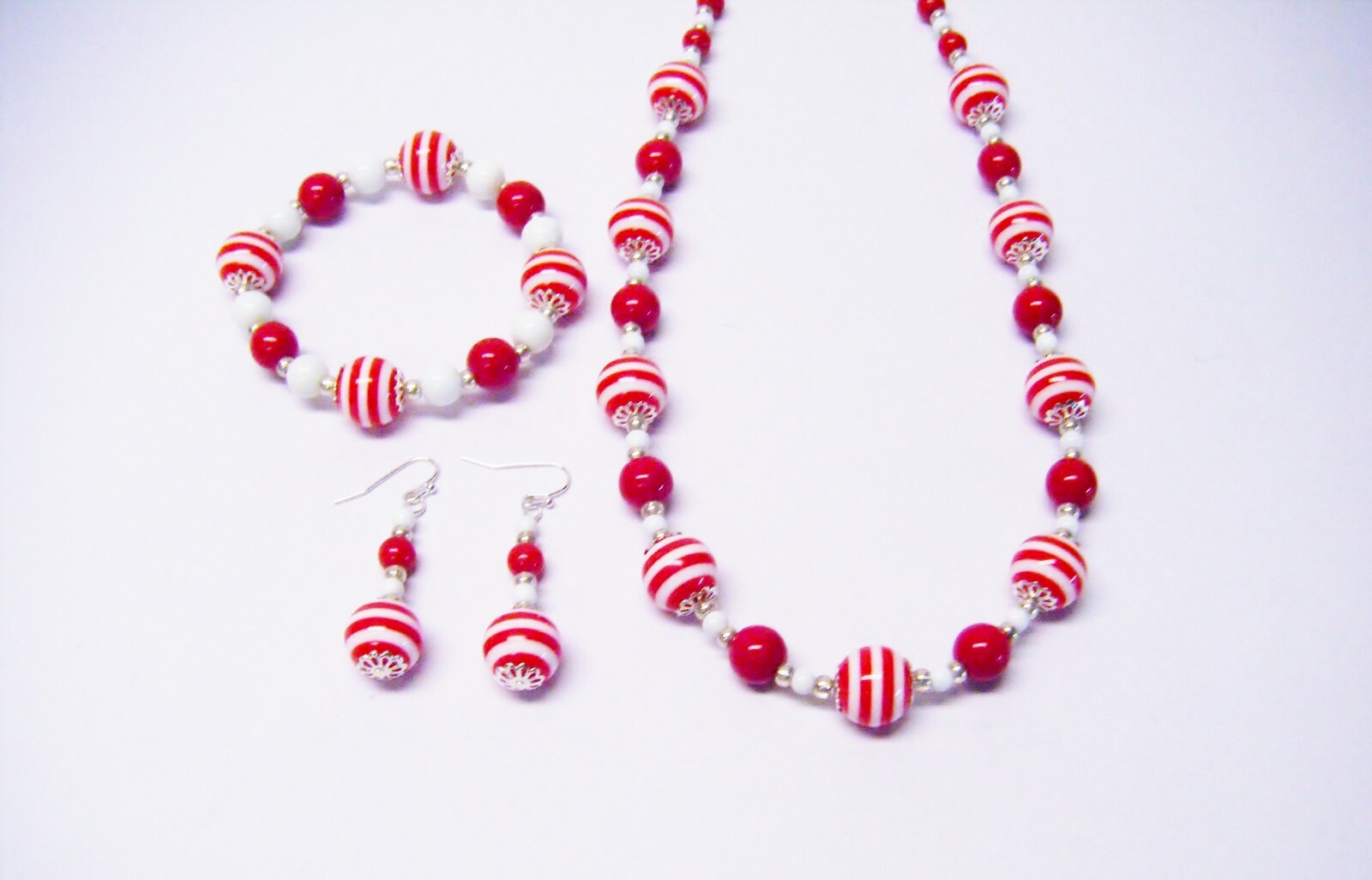 Red/White Stripe Acrylic w/White Glass Bead Necklace/Bracelet/Earrings