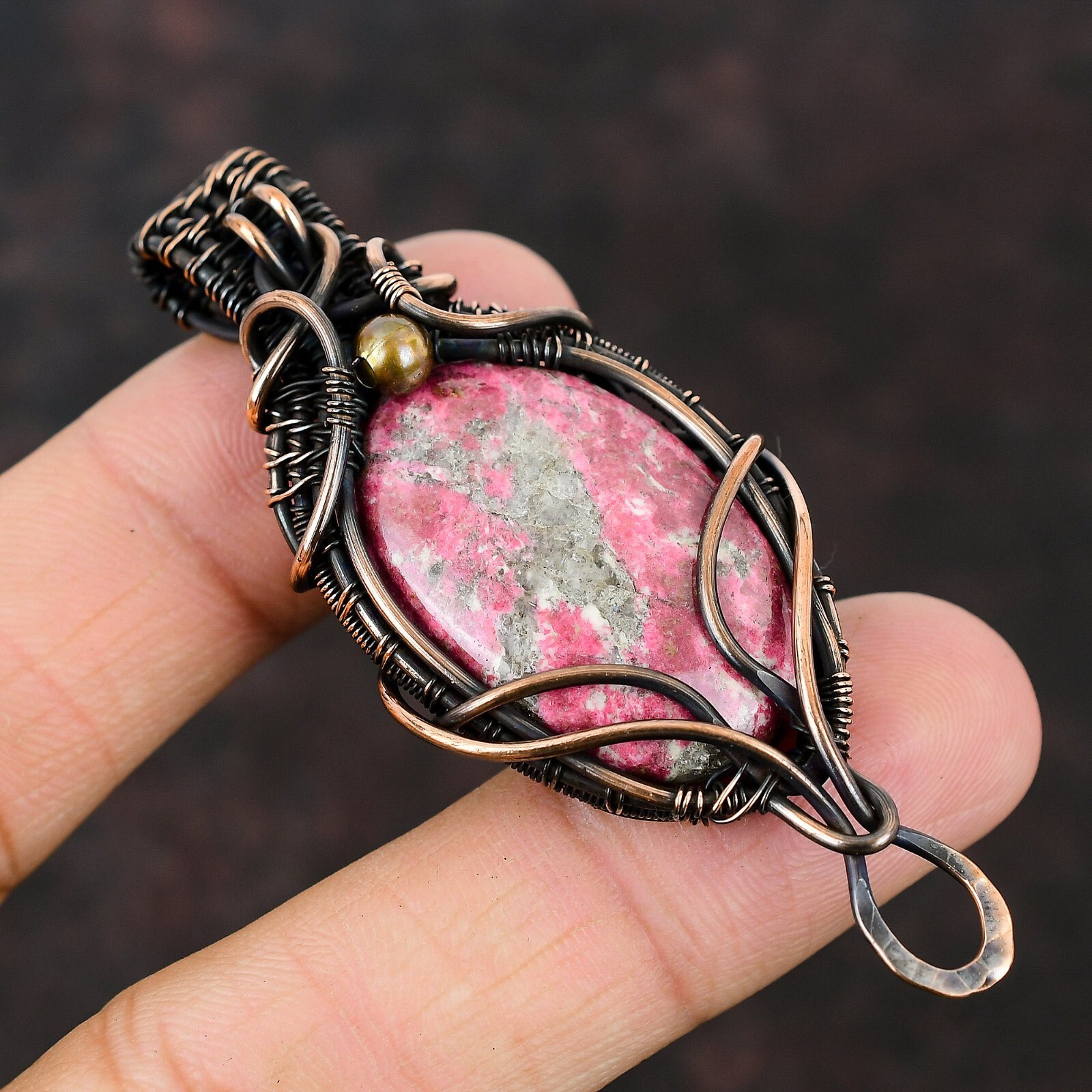 Thulite Gemstone Handmade Jewelry Copper Wire Wrapped Pendant For Girls 2.91″