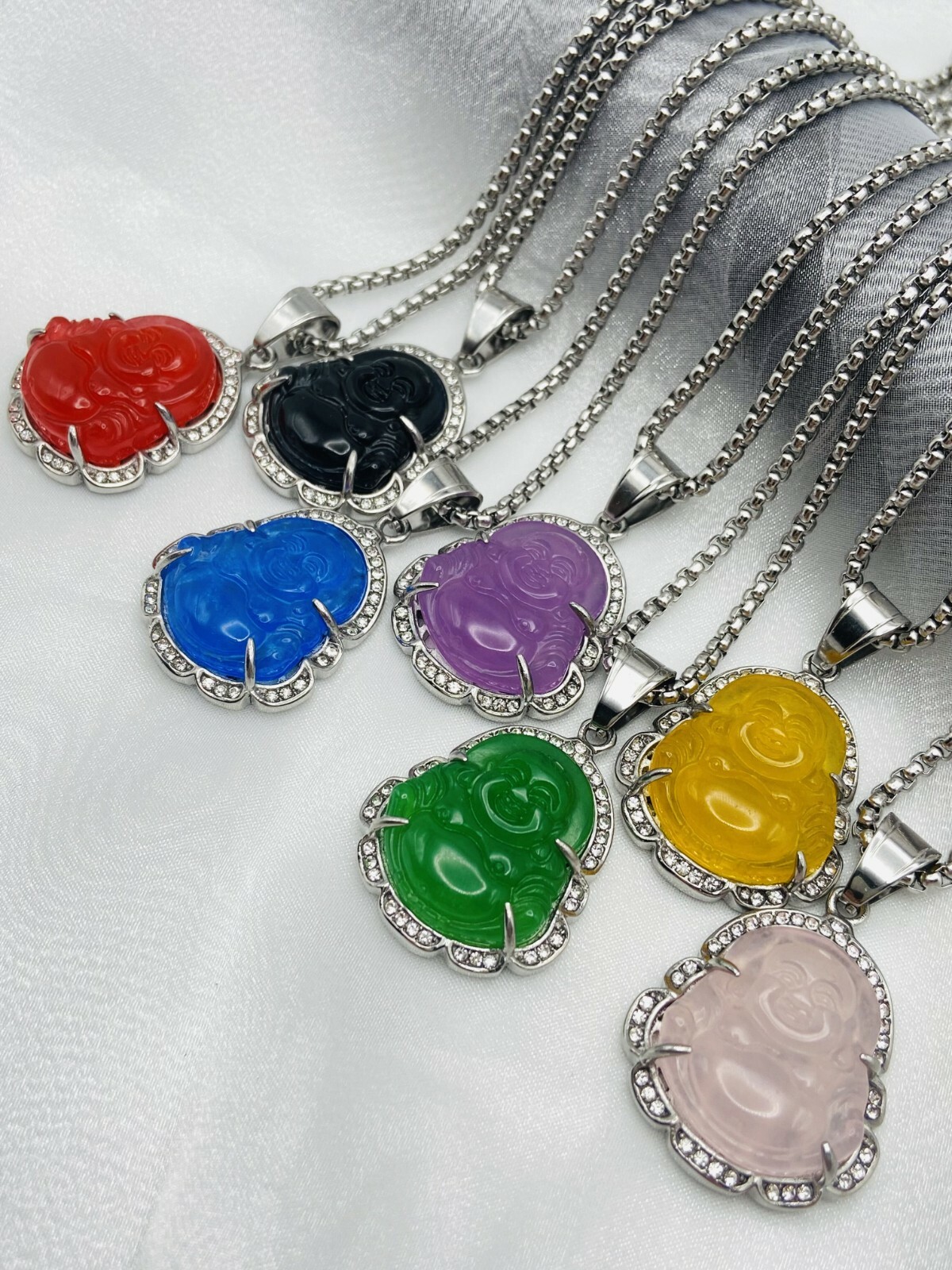 Jade Buddha Pendant Necklace 18K White Gold Plated Crystal Charm Hip Hop Chain
