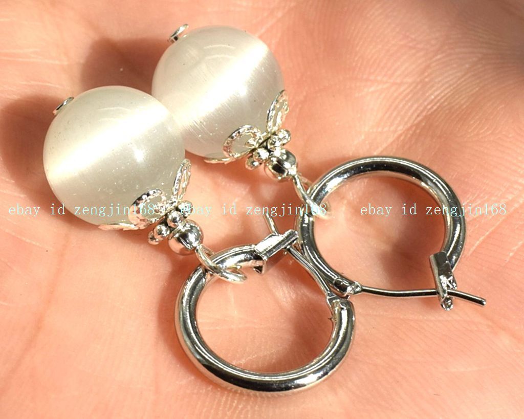 Stunning 8/10/12mm White Cat’s Eye Opal Round Gemstone Beads Leveback Earrings