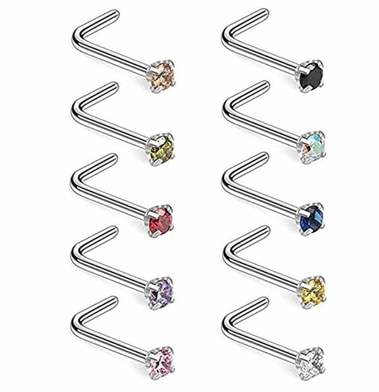 10PCS 20G Surgical Steel L Shaped Mix Color CZ Nose Stud Rings Piercing Jewelry