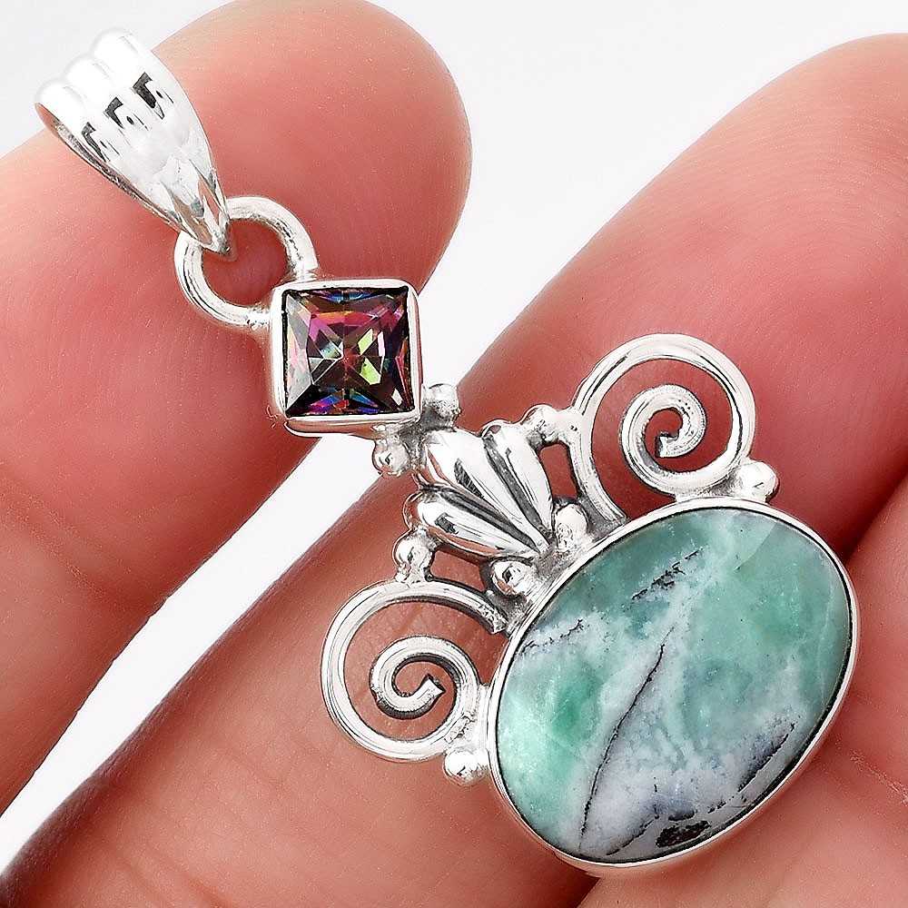 Dendritic Chrysoprase Africa and Mystic Topaz 925 Silver Pendant Jewelry P-1710