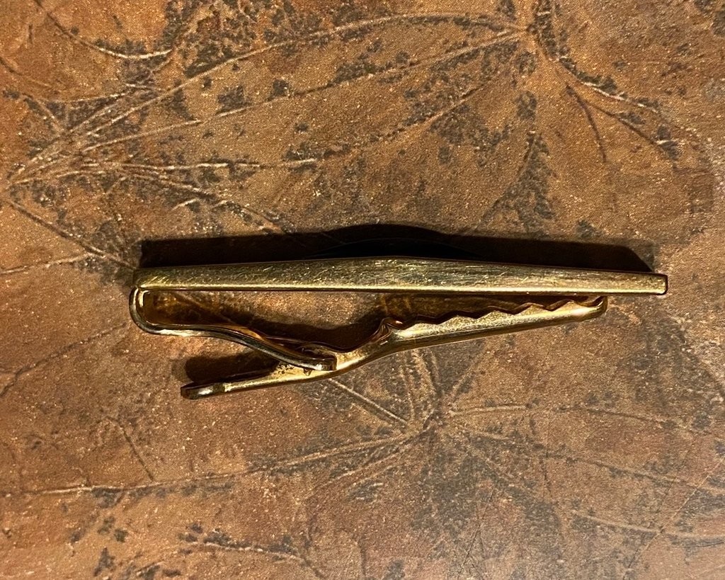 Vintage Swank Brass Tie Clip with Blue Enamel Detail