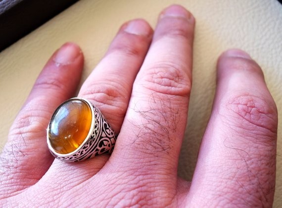 Solid 925 Sterling Silver Natural Baltic Amber Gemstone Signet Men’s Unisex Ring