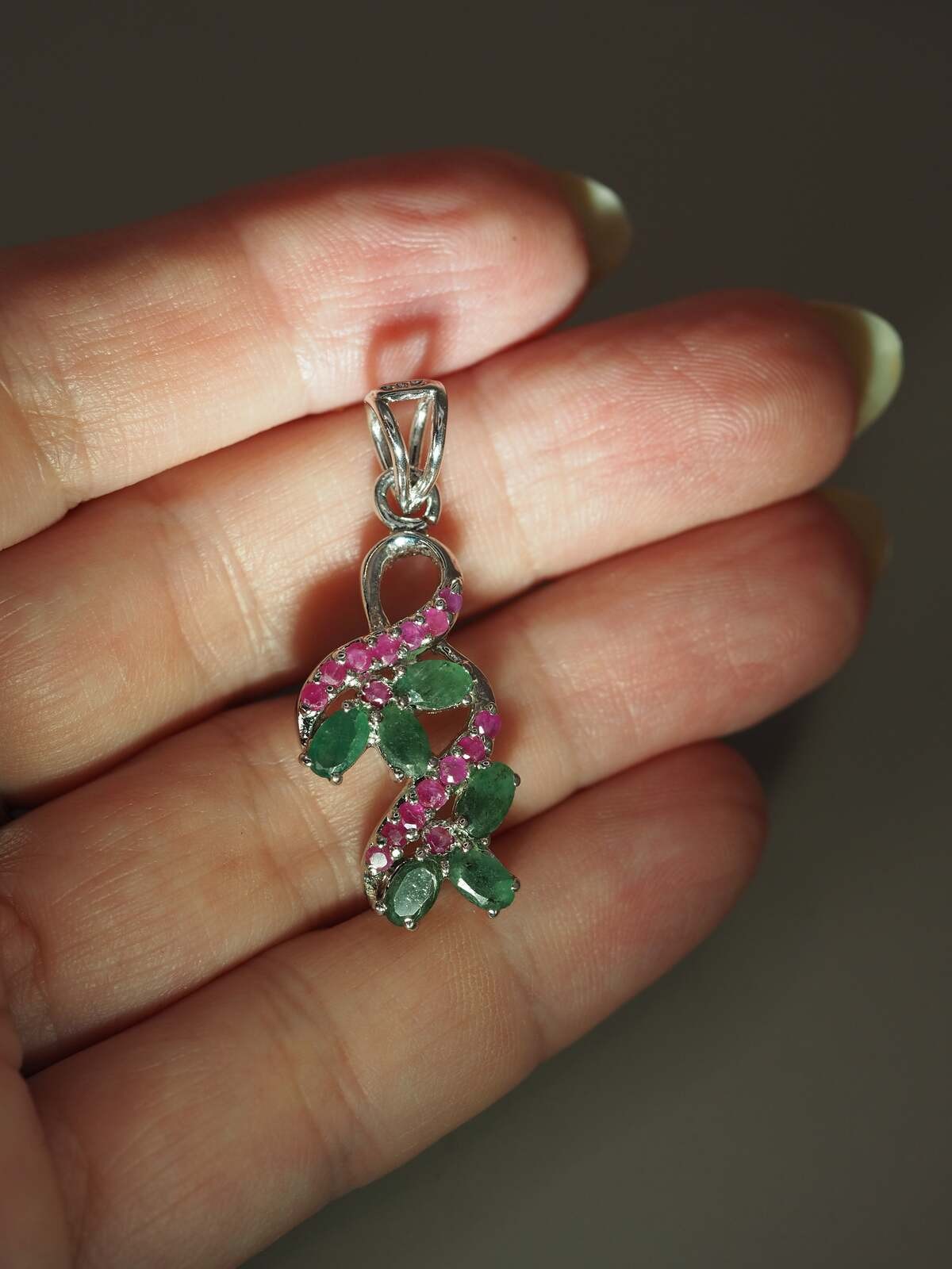 Sterling Silver Green & Red Gemstone Floral Vine Pendant