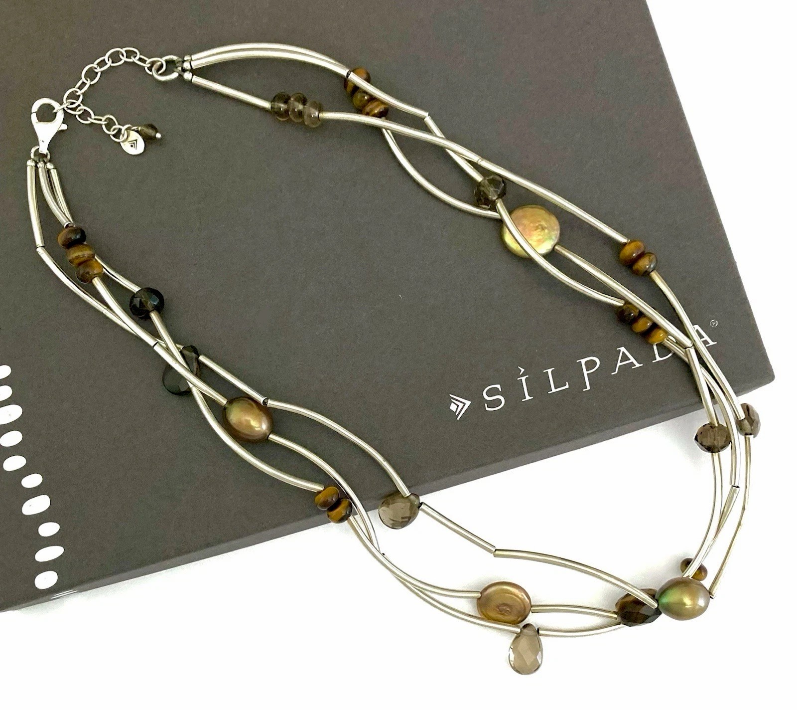SILPADA Sterling Silver TUBE BEAD-PEARL-SMOKY QUARTZ-TIGER’S EYE Necklace~#N2264