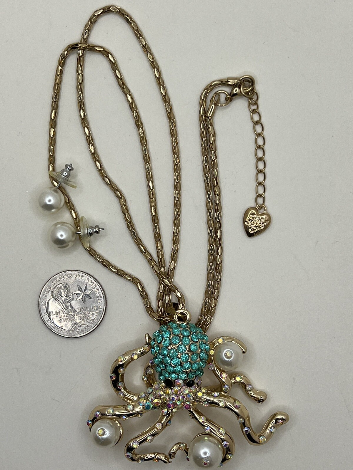 Betsey Johnson Large Aqua/Turquoise Blue Octopus Statement Necklace & Earrings