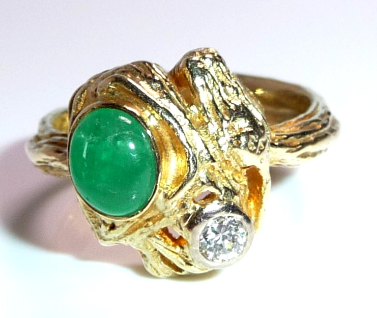 Designer Ring 585 Gold 0.12ct. Diamond Emerald Cabochon Size 54 / 17.2mm 8.65g