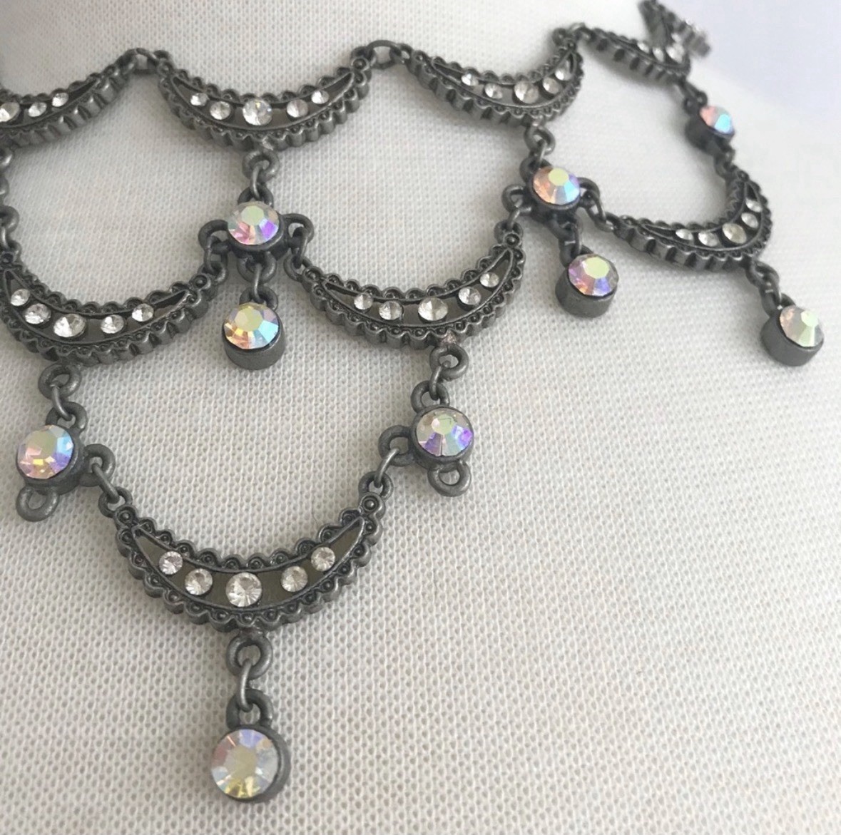 Vintage Crescent Scallop Necklace Iridescent Rhinestone Crystals Pewter Gunmetal