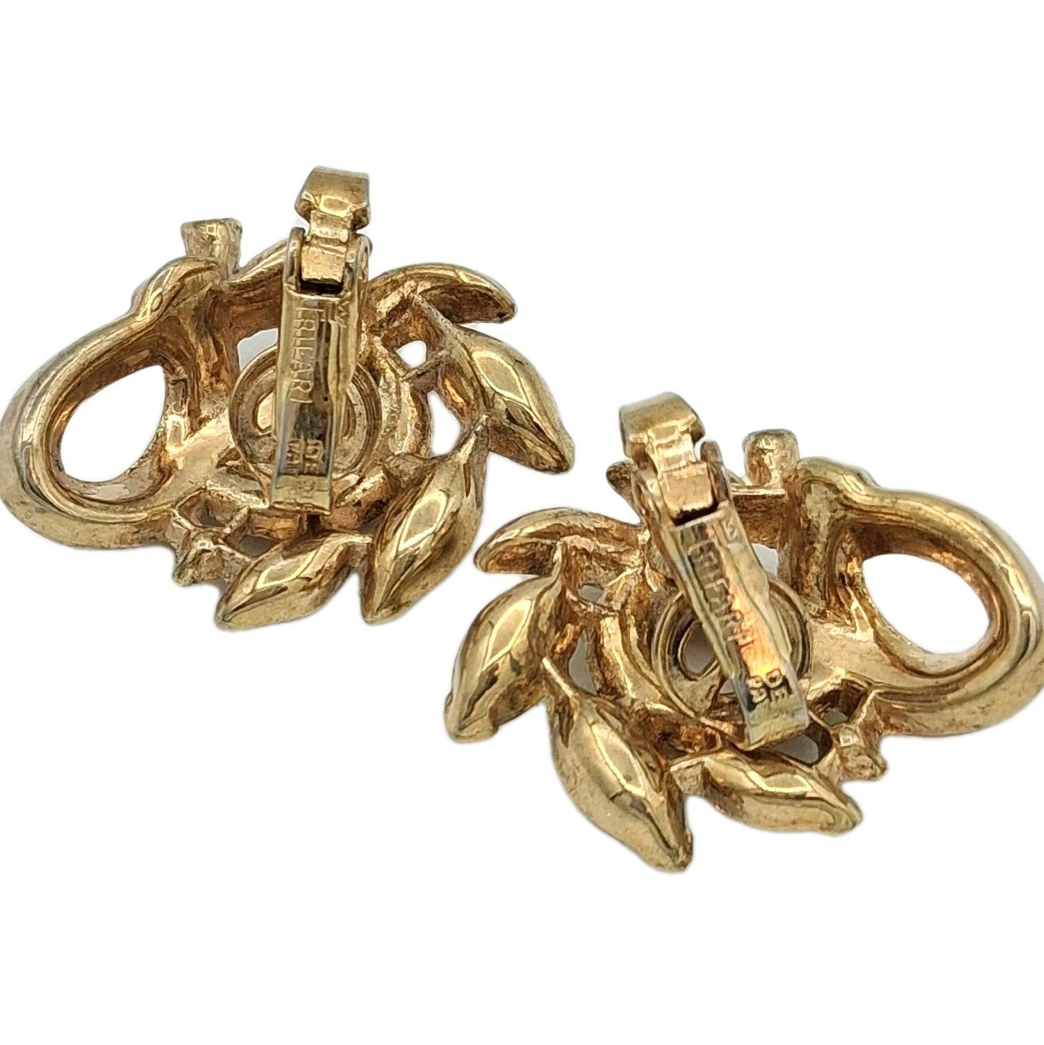 Vintage Crown Trifari Alfred Philippe Rhinestone Clip Earrings Gold Tone Swirl