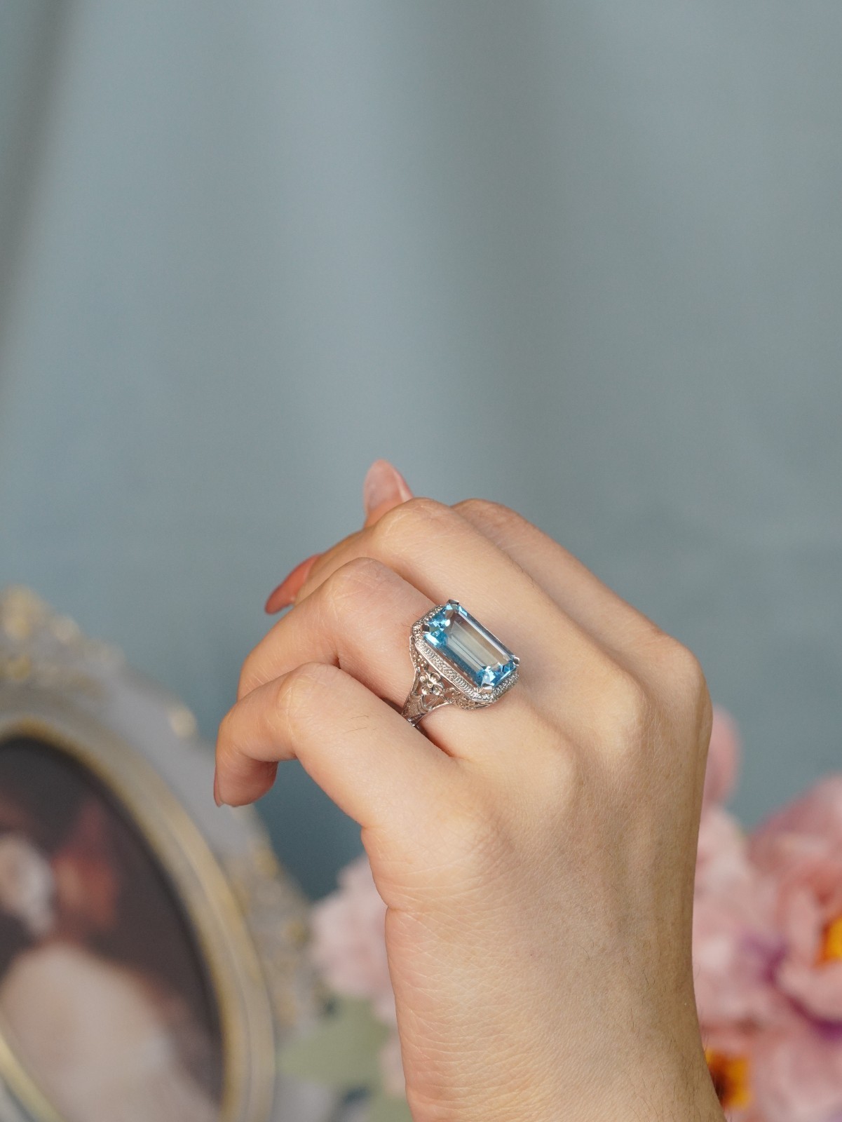 Silver925 Natural Blue Topaz Vintage Style Filigree Ring