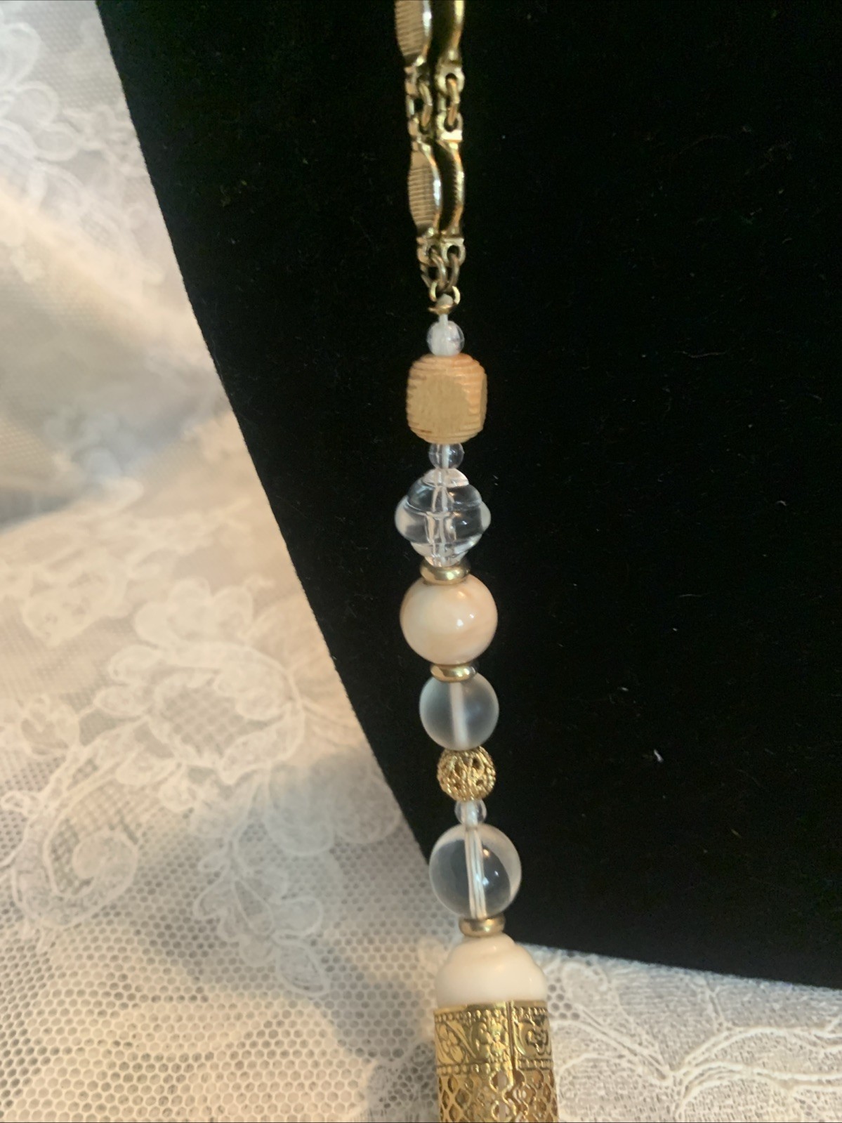 1928 Shiny Gold Tone 36″ Double Chain Necklace Clear, Beige, Gold, Wood Beads