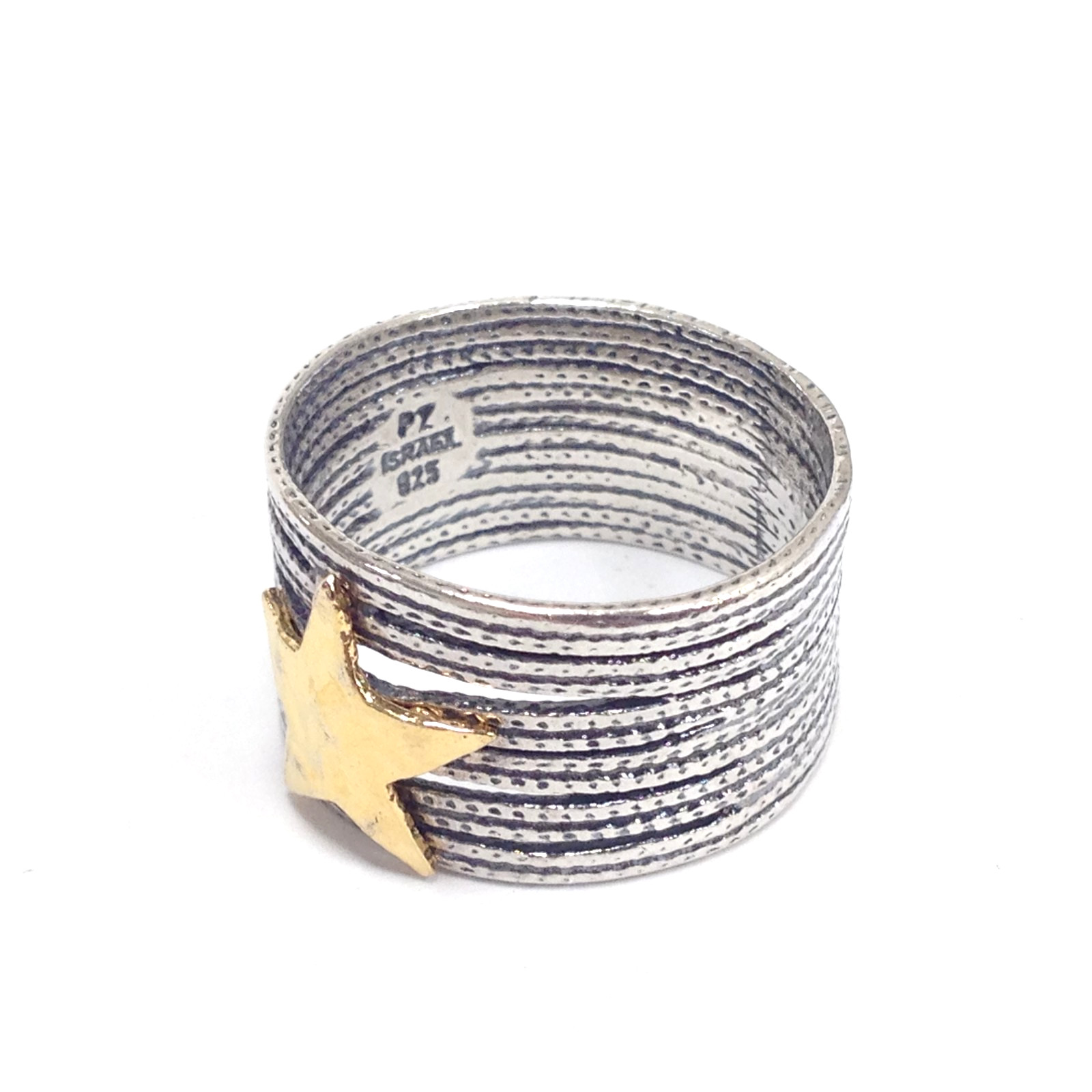 PZ Israel Paz Creations Sterling Silver Gold Tone Star Wide Band Ring Size 10.5