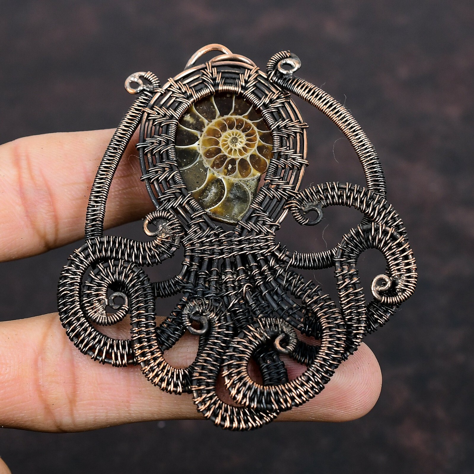 Ammonite Fossil Copper Bestie Gift Wire Wrapped Octopus Pendant 3.23″