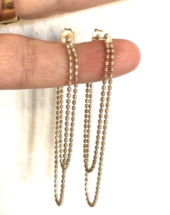 Elo7 Gold Plated Barrel Beaded Chain Attached Fronto To Back Dangle Earrings