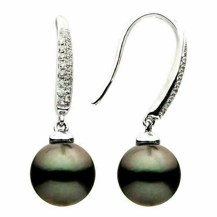 ESTATE .12CT DIAMOND & AAA TAHITIAN PEARL 18KT WHITE GOLD 3D LEVEBACK EARRINGS