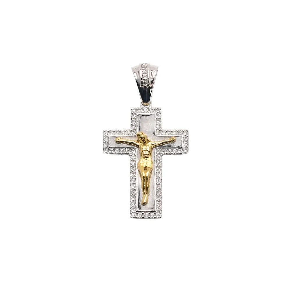 Moissanite Crucifix Cross Pendant • 925 Sterling Silver • Two-Tone Finish