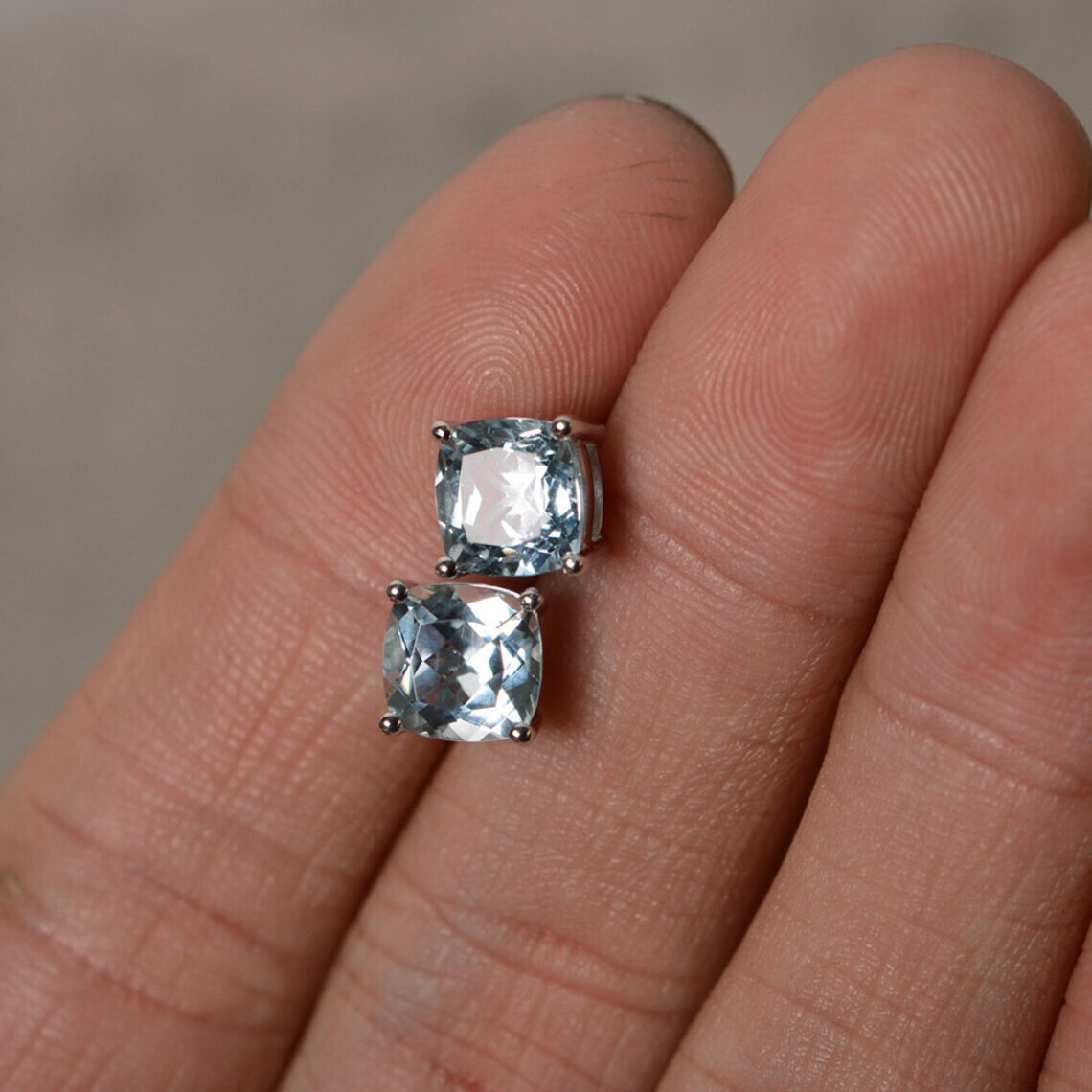 Aquamarine Cushion Cut Gemstone 925 Sterling Silver Women Designer Stud Earrings